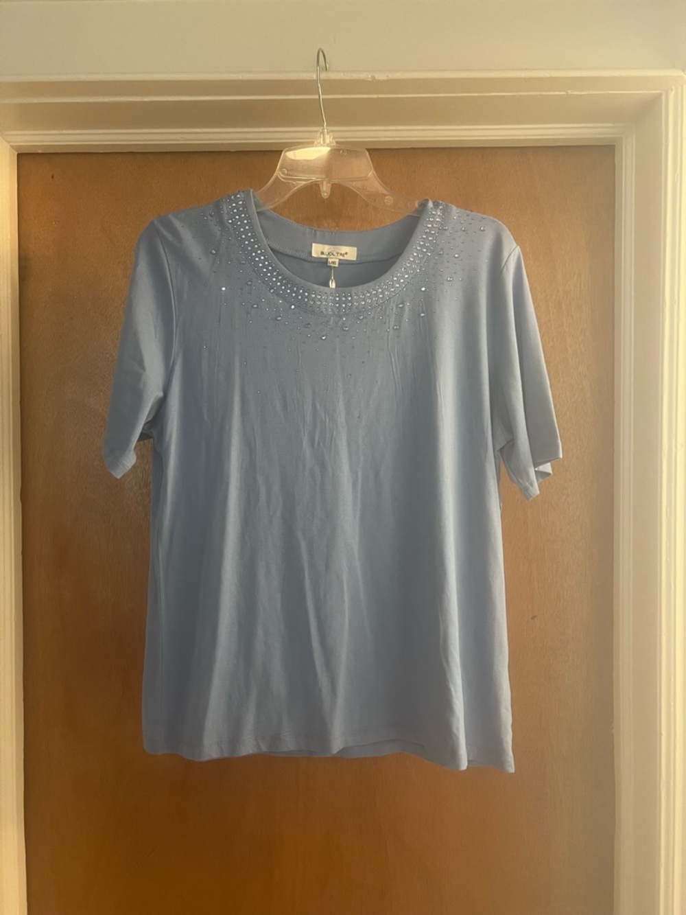 Bluoltre Women’s Light Blue Short Sleeve Top with Embellished Neckline